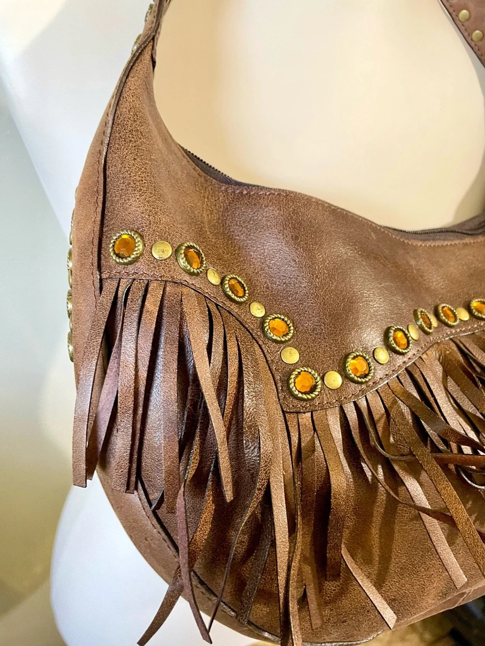 3D Belt Co Brown Leather Fringe Rhinestone Studded Hobo Bag Western NWT Purse